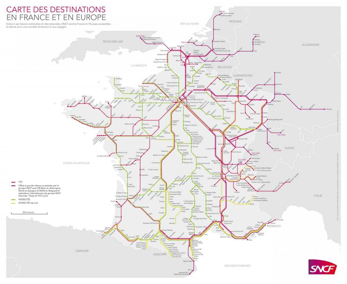 карта железнодорожных линий Франции